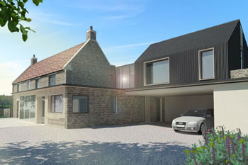 Image showing the 3D scheme for Cherry Tree Cottage.  Illustrates the proposed renovation of two stone workers cottages.
