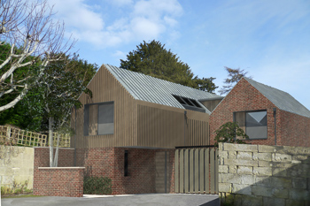 3-D scheme for a 2 storey 2-3 bedroomed house, with parking and a small private courtyard on this tricky site in a Conservation Area with overlooking problems. Image shows the use of contemporary forms and materials such as brick and zinc cladding.