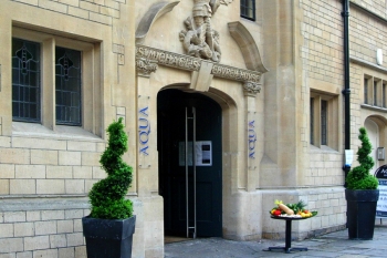 Shot of the entrance to Aqua restaurant at St Michaels Church on Walcot Street in Bath an award winning conversion of this listed Arts & Crafts style building.