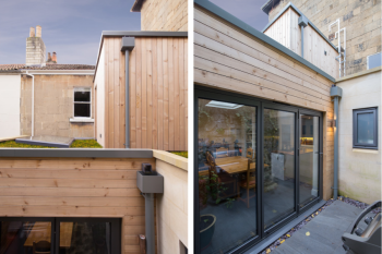Image illustrating two external photographs of the courtyard illustrating how the cedar clad extension sits comfortably in the restricted space that was available.
