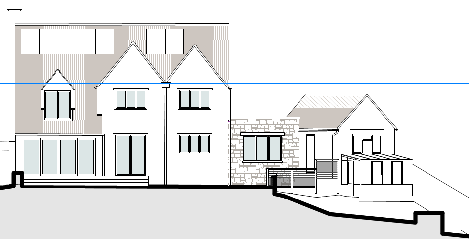 Image illustrating the rear elevation of house with new extension with planning approval for a sustainable refurbishment to improve the performance of the existing dwelling.