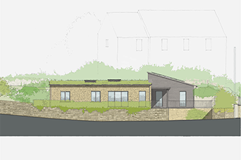 Elevation drawing showing single storey sustainable design in a conservation area with Cotswold stone façade with sedum roof and pv panels on south facing pitched roof