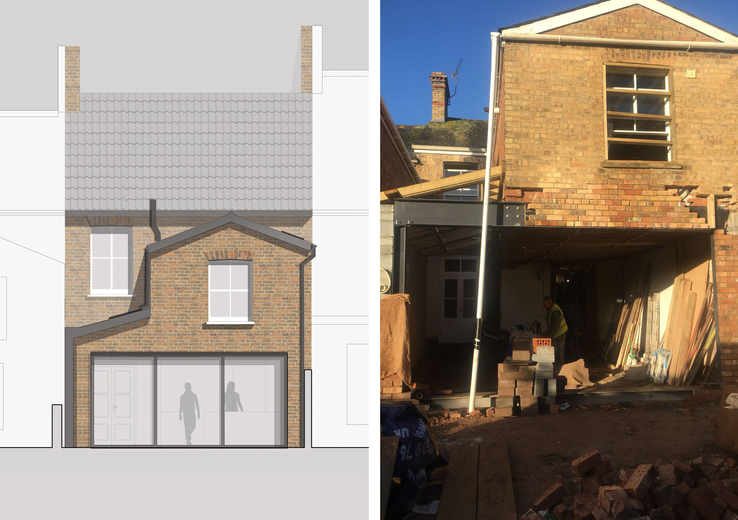 Consists of two images. The left an initial visualisation of the the rear elevation, highlighting the large picture window doors and the profile of the single story side extension. The right image is a onsite progress image showing the form of the extension taking shape.
