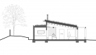 Image illustrating a section cut through the proposed cafe and kitchen space, with its exposed internal structure and green roof.