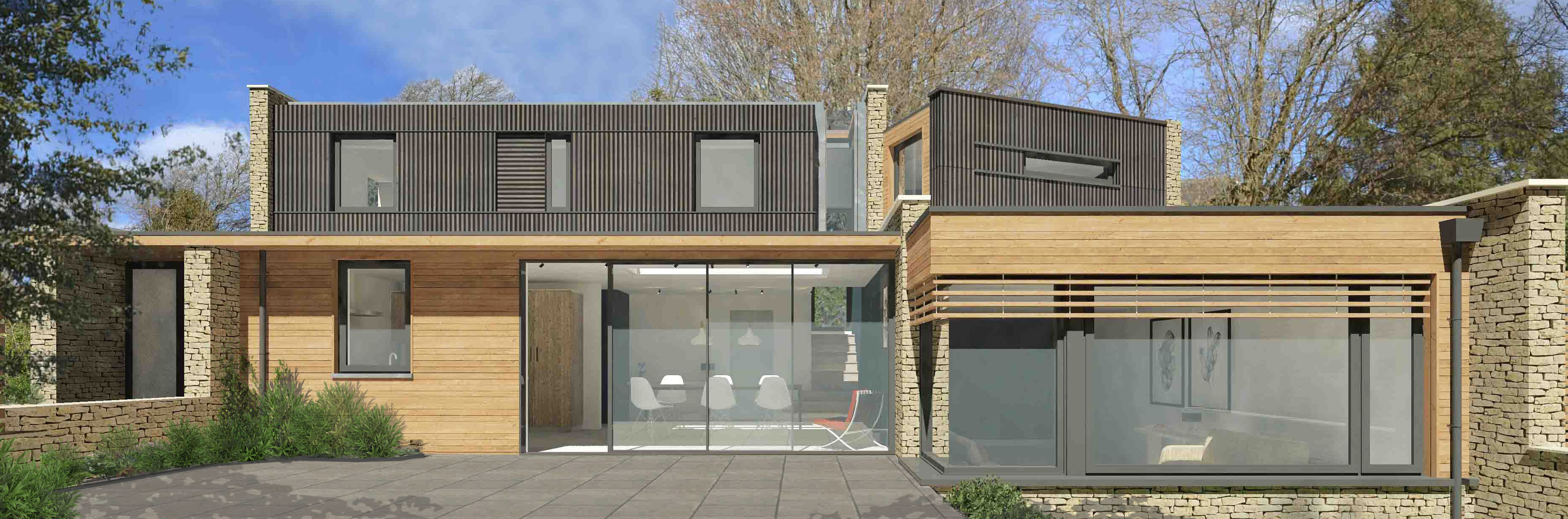 3D computer generated visualisation of the exterior of our church road project highlighted the combination of stone and natural timber cladding to the ground floor level, with dark stained timber cladding to he first floor.