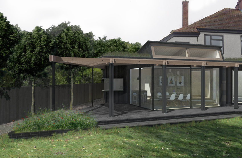 Image illustrating the perspective view of extension from garden showing large glazed door and large overhang to roof.