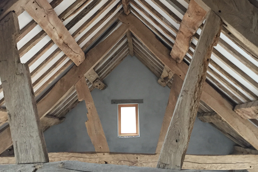 Image showing the original roof beams in the historic 17th Century farm buildings at Jamies Farm.