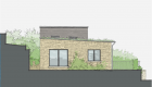 Elevation drawing showing a single storey sustainable home design with sedum roof, Cotswold stone and timber cladding