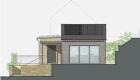Elevation drawing showing a single storey sustainable home design with PV panels on a south facing pitched roof with timber clad façade