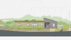 Elevation drawing showing a single storey sustainable home home design with sedum roof, Cotswold stone and timber clad south facing façade with PV panels on a pitched roof