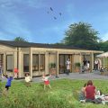 External render image of Bath City Farm café in timber frame construction with outdoor seating area