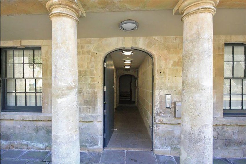 external entrance view with stone columns