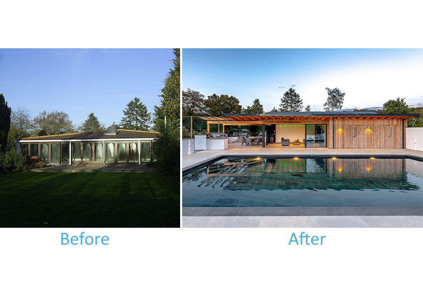 Before and after view of pool house pavillion